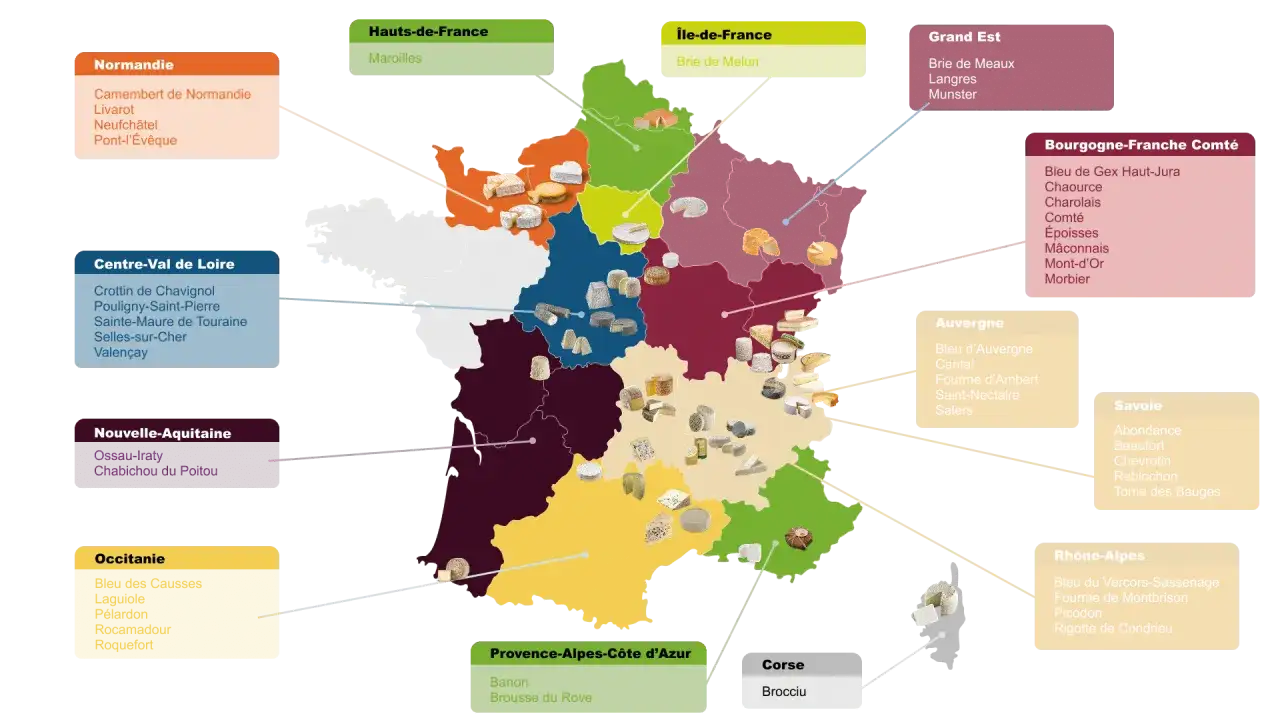 Carte de France illustrant une liste des fromages fran&ccedil;ais par r&eacute;gion, avec des images de fromages.