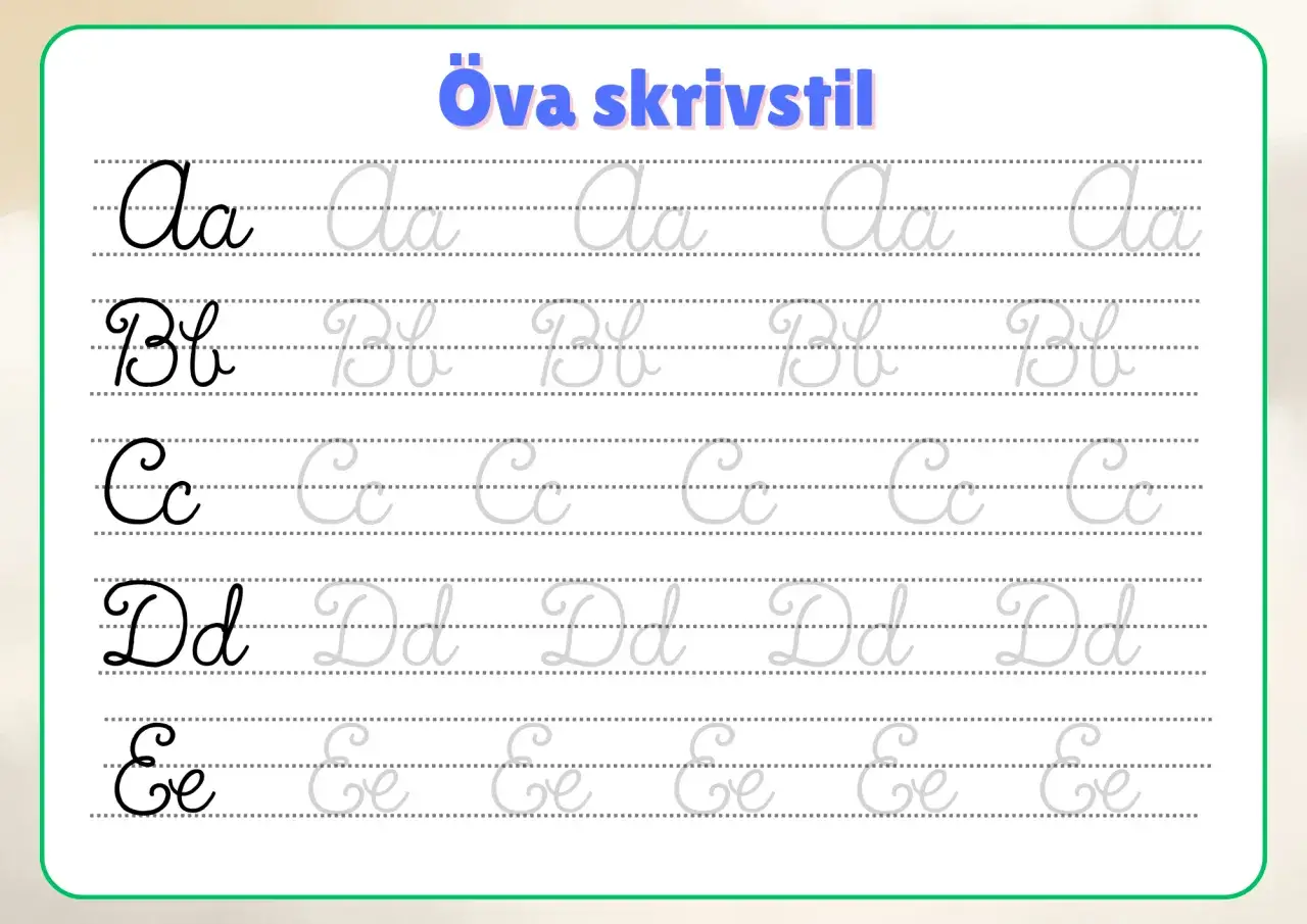 Öva skrivstil: övningsblad med kursiva bokstäverna A, B, C, D, E. Perfekt för att träna f skrivstil.
