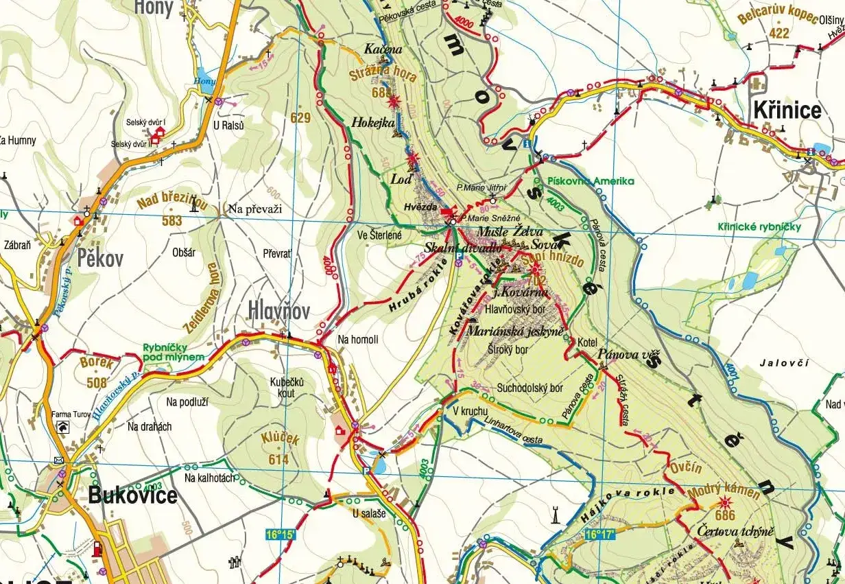 Gdzie są gory, gdzie są sowy? Mapa pokazuje szlaki turystyczne i nazwy miejsc, takie jak