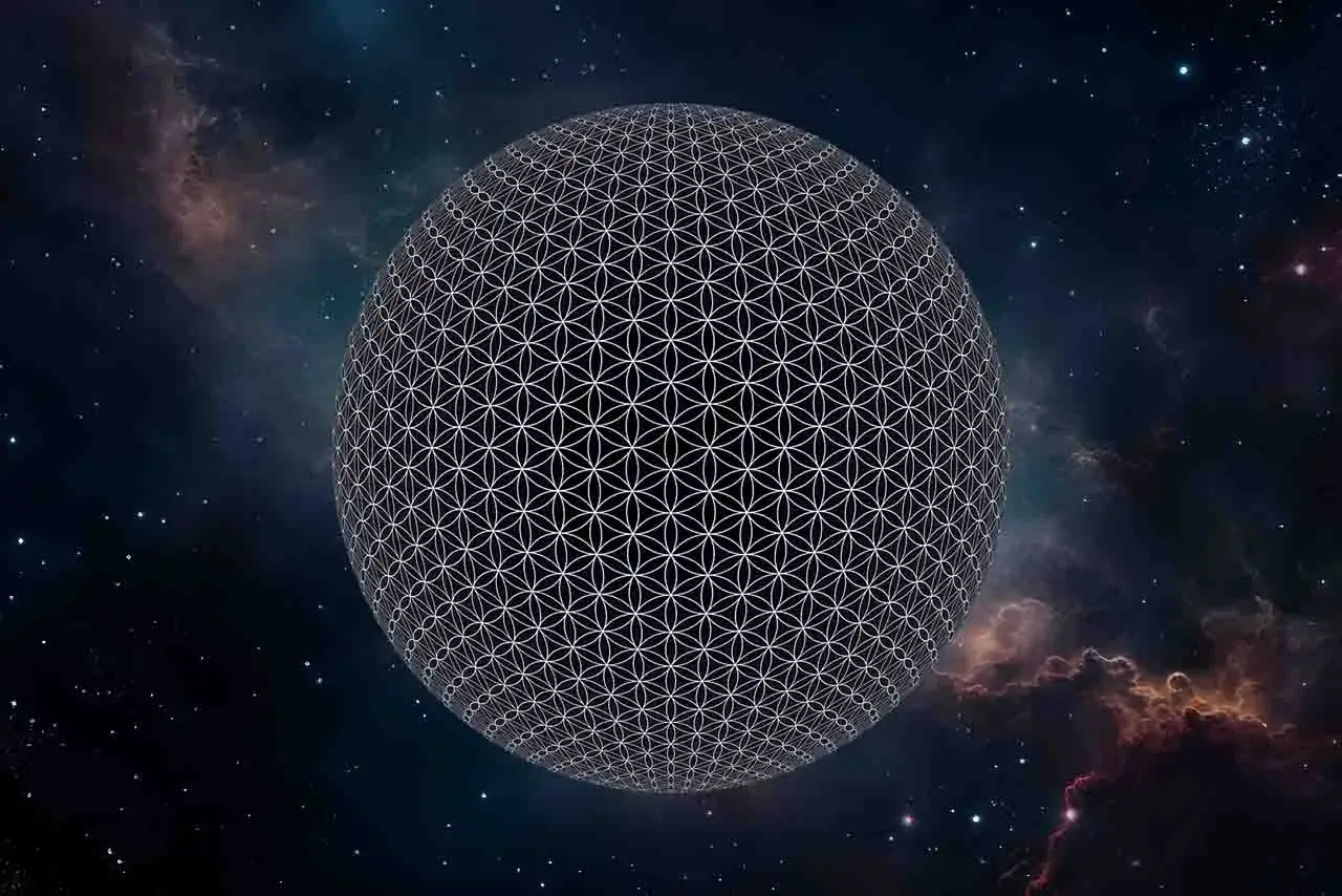 Esfera con el patr&oacute;n de la Flor de la Vida, evocando las teor&iacute;as de Nassim Haramein sobre la geometr&iacute;a universal en el cosmos.