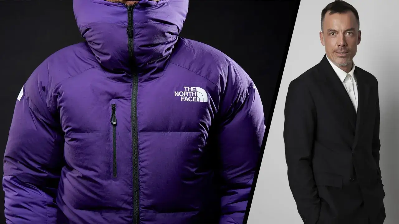 En man i kostym bredvid en person som b&auml;r en varmaste dunjackan i lila fr&aring;n The North Face.