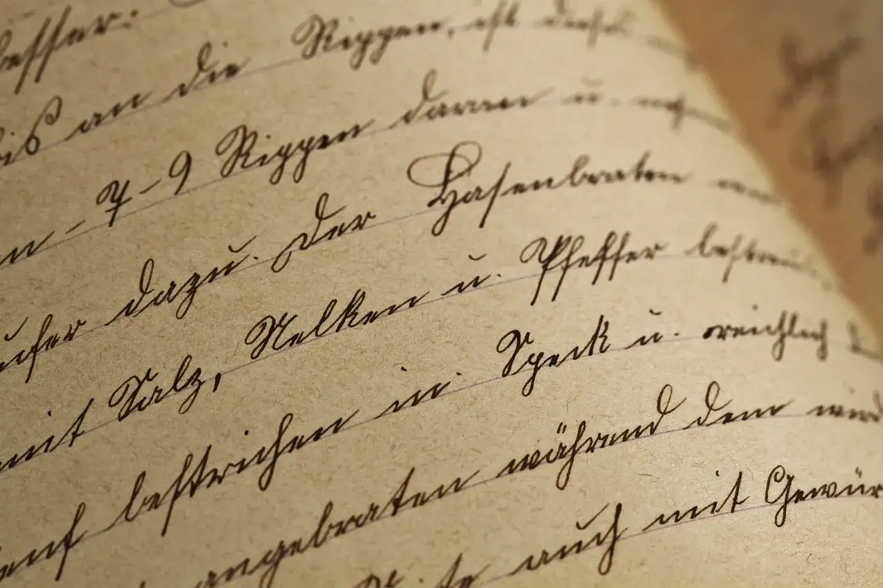Dettaglio di un testamento olografo non registrato, con scrittura a mano antica su carta ingiallita. La validità del testamento olografo non registrato è un aspetto legale cruciale.