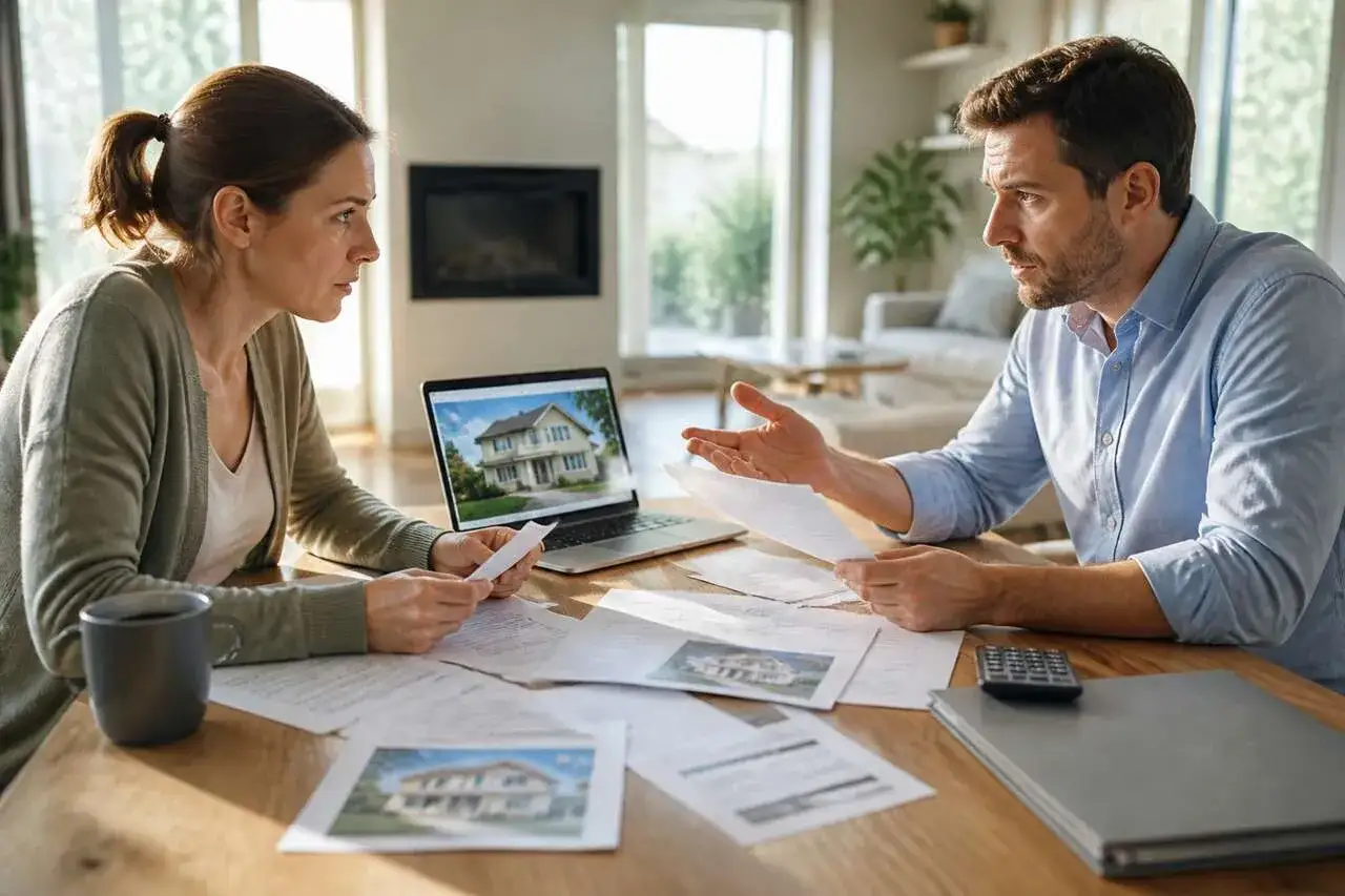 Couple discutent de documents et d'une maison sur un ordinateur. Ils cherchent des solutions sur que faire quand un indivisaire ne paye pas.