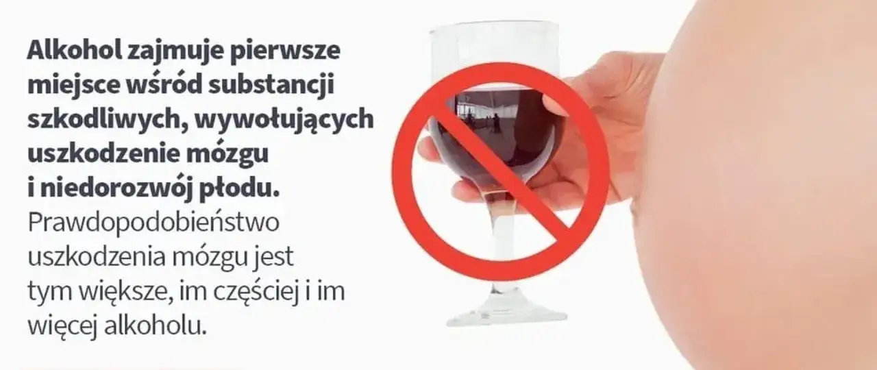 Dłoń trzyma kieliszek z czerwonym winem, przekreślony znakiem zakazu. Tekst ostrzega przed szkodliwością alkoholu, zwłaszcza w kontekście zespołu FAS.