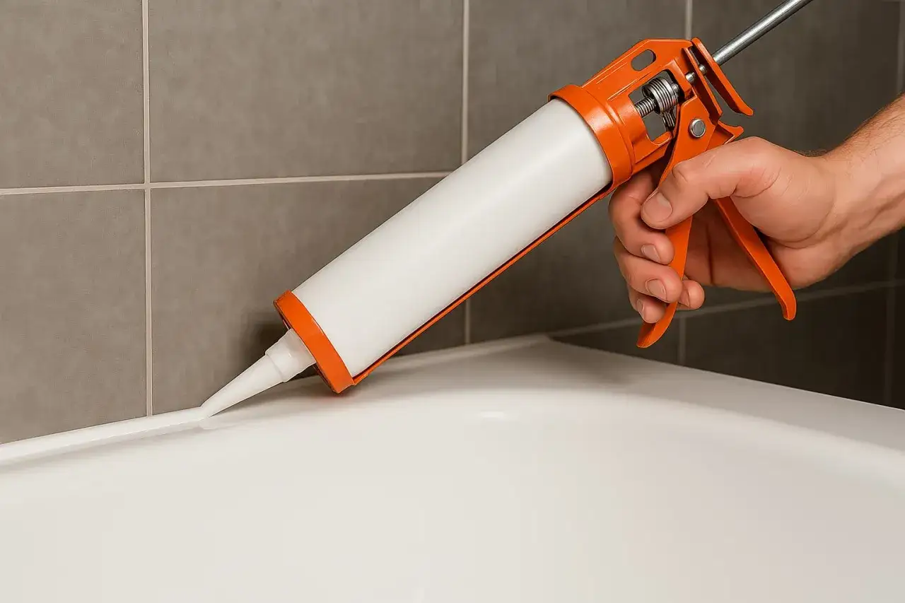 Mano aplicando silicona con pistola en junta de bañera. Aprende como aplicar silicona en juntas para un acabado perfecto.