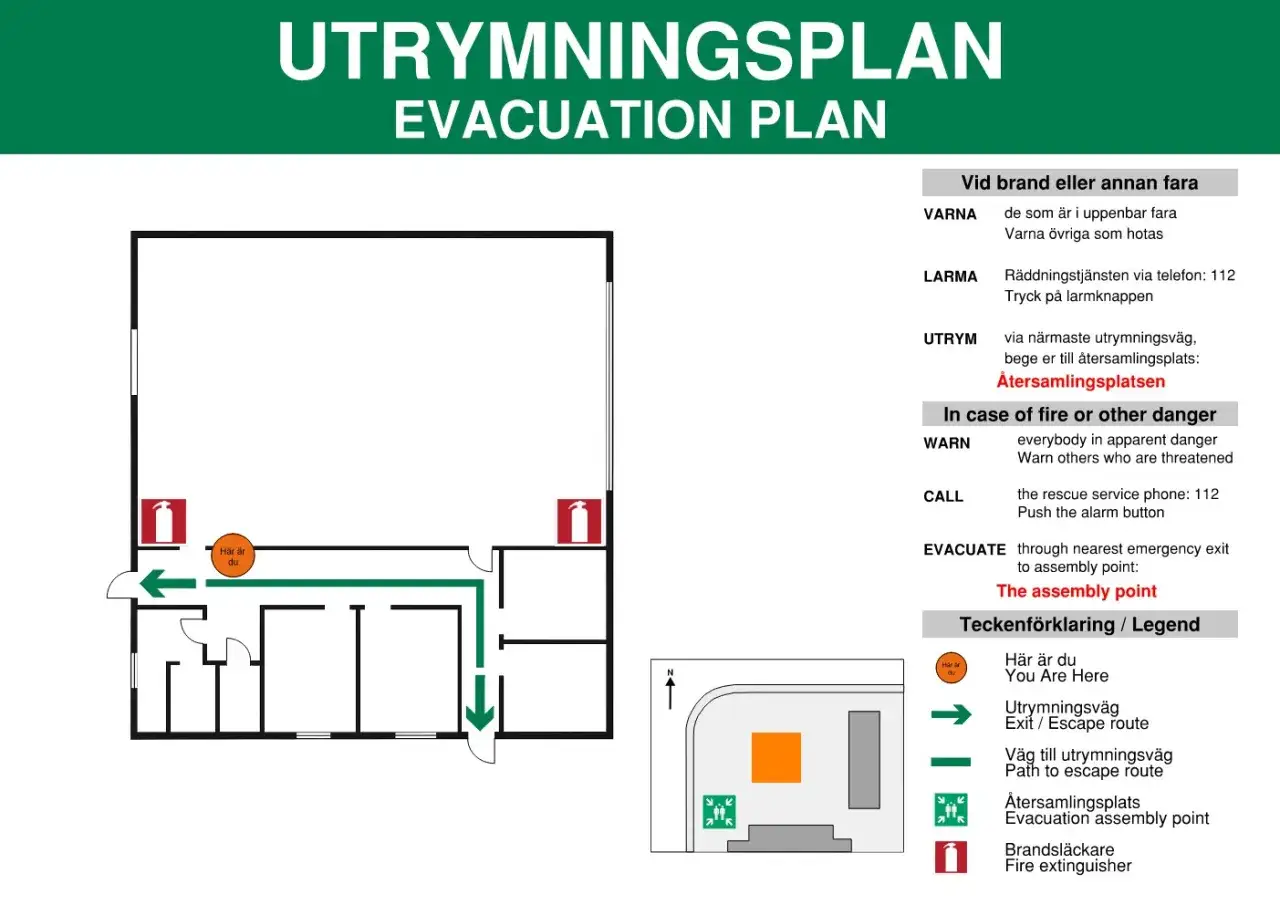Utrymningsplan med symboler som visar utrymningsvägar, brandsläckare och återsamlingsplats.