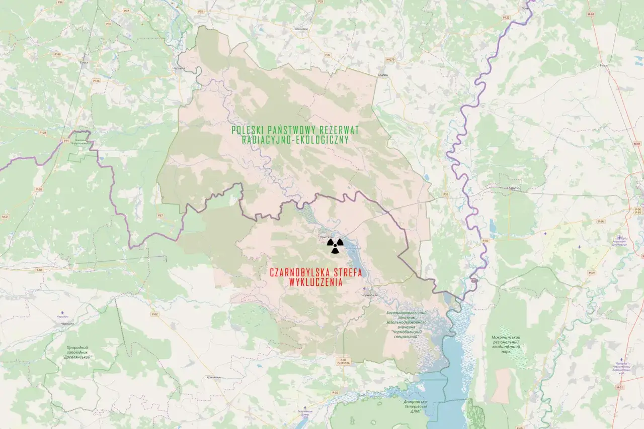 Mapa pokazuje, gdzie jest Czarnobyl i Strefa Wykluczenia. Widać też Poleski Rezerwat Radiacyjno-Ekologiczny.
