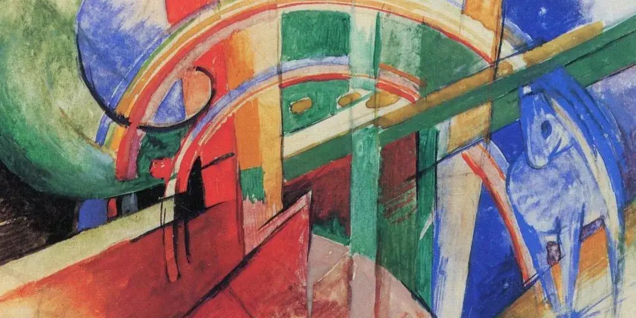 Abstraction colorée d'un cheval bleu, évoquant le dynamisme d'un peintre allemand contemporain.