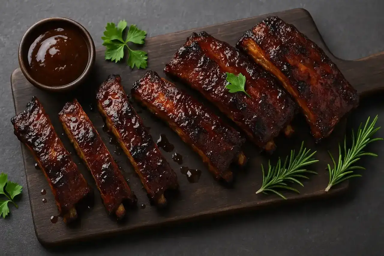 C&ocirc;telettes de porc glac&eacute;es, pr&ecirc;tes &agrave; d&eacute;guster. La marinade porc leur donne une belle couleur caram&eacute;lis&eacute;e. Servies avec une sauce barbecue et des herbes fra&icirc;ches.
