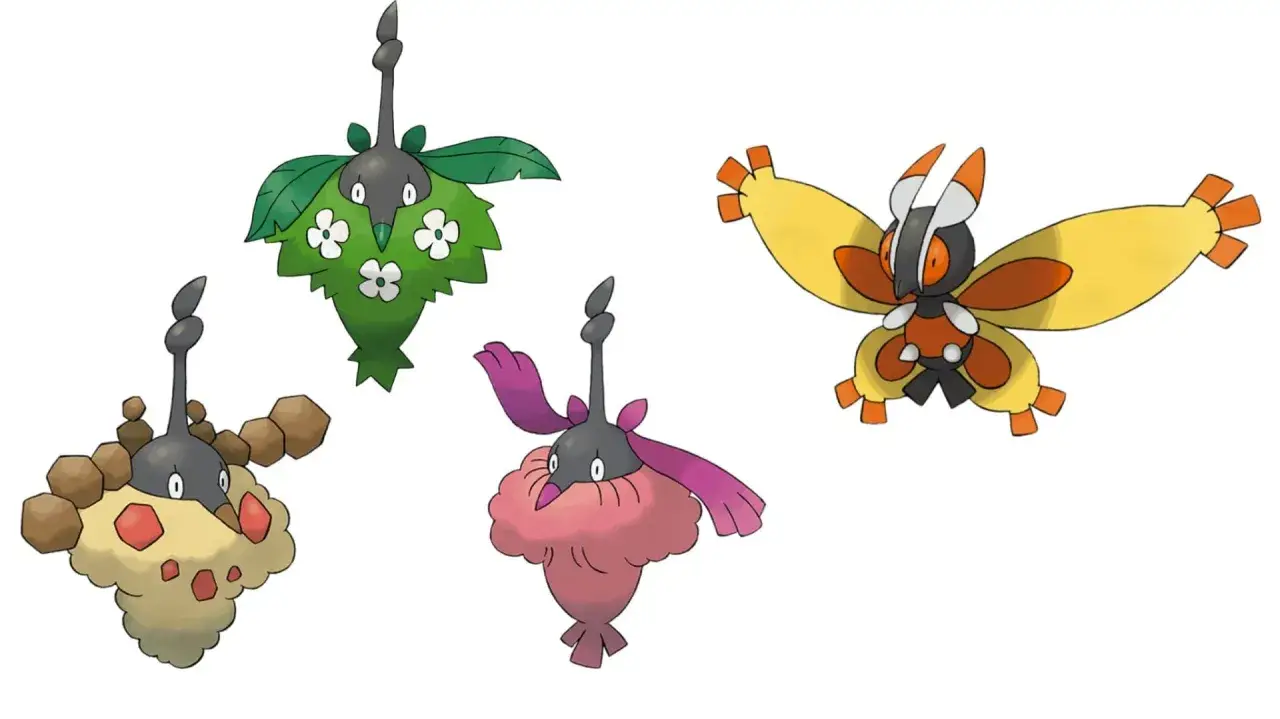Cuatro formas de Burmy, un Pokémon de Pokémon GO: una con hojas y flores, otra con tierra y rocas, una con pelusa rosa y la última con alas de mariposa.