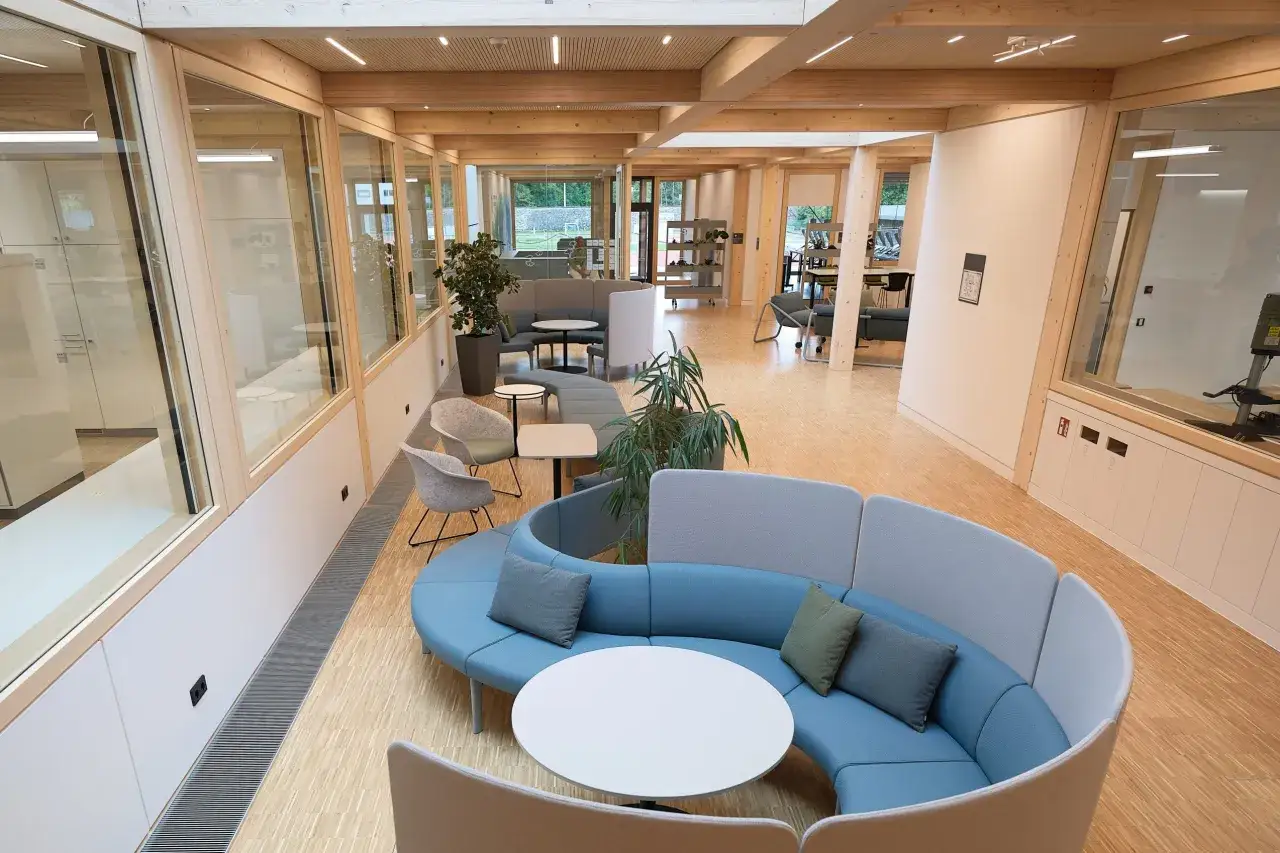 Modernes Büro mit Holzdecken und Glaswänden. Stefan Ruppaner hat hier einen inspirierenden Arbeitsbereich geschaffen.