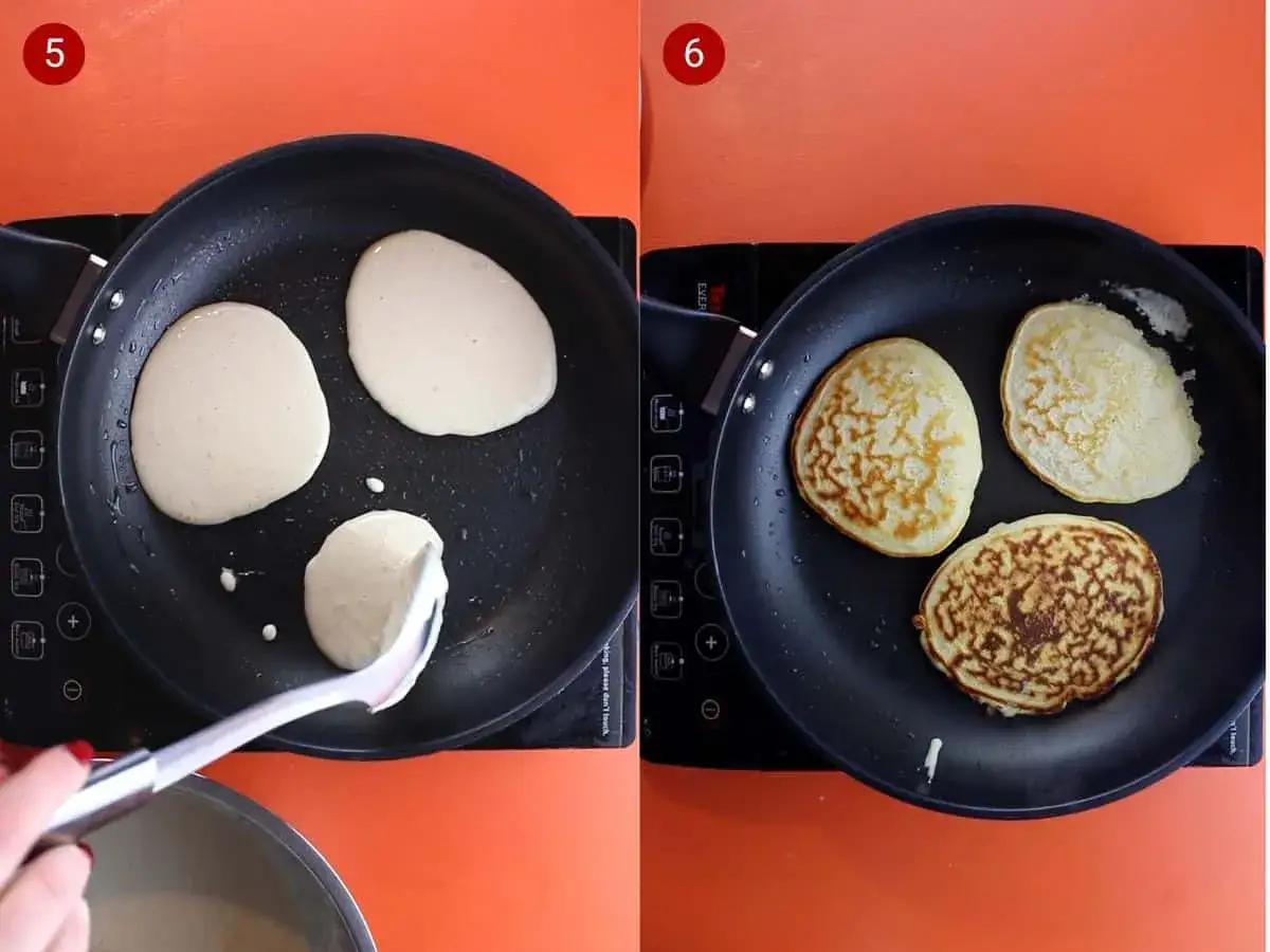 Tortitas dorándose en sartén, parte de una receta. Masa cruda se vierte en la sartén.