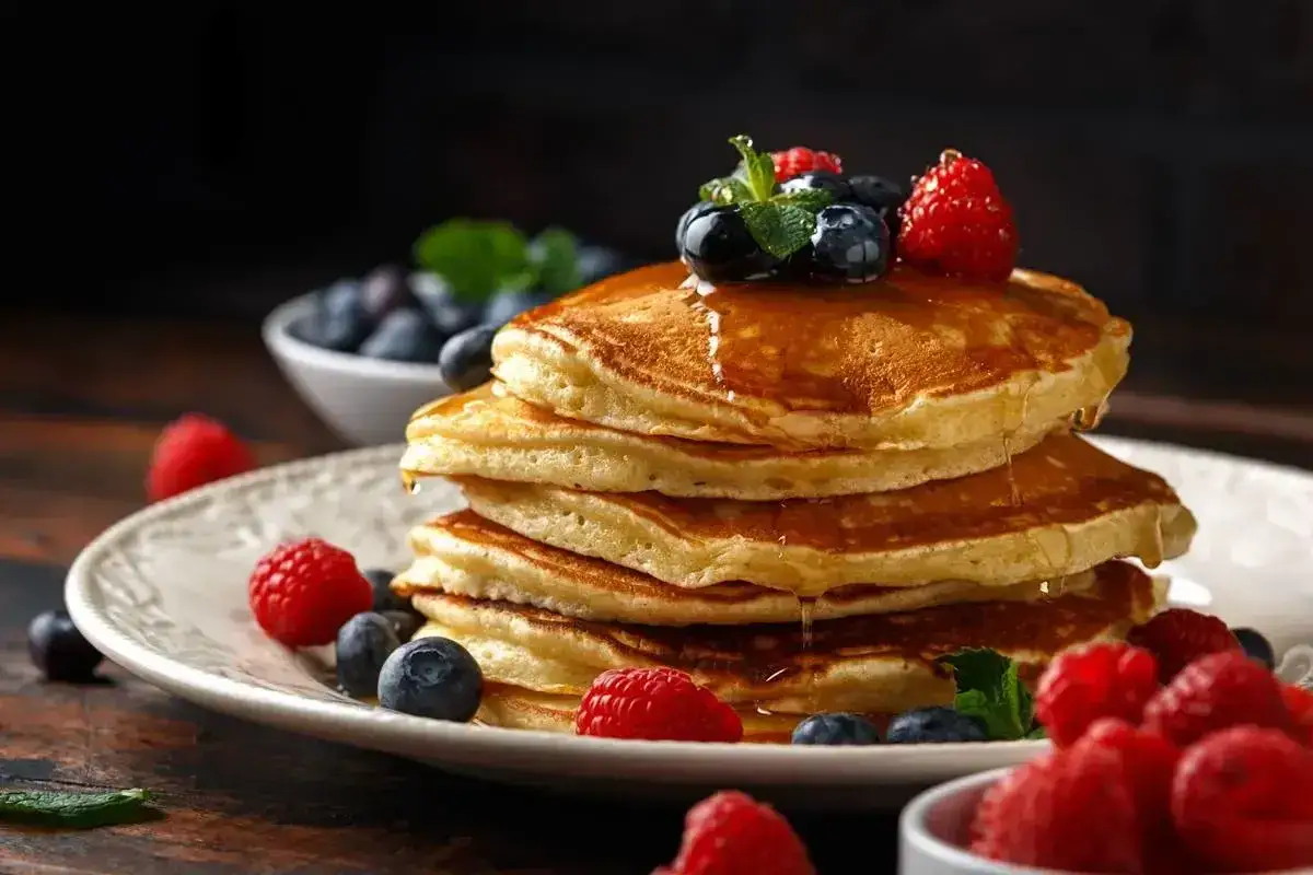 Stos puszystych pancake amerykańskich polanych syropem, ozdobiony malinami i borówkami. Idealne na słodkie śniadanie.