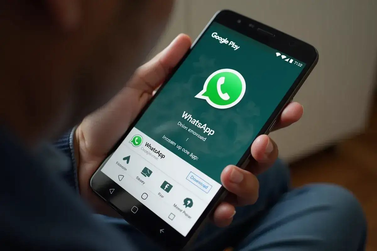 Osoba trzyma telefon z ekranem Google Play, pokazującym jak ściągnąć WhatsAppa na telefon.