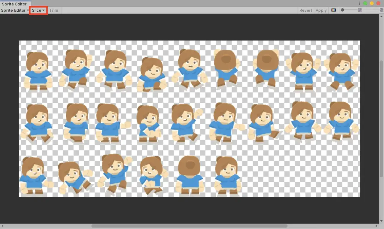 Sprite sheet z postaciami w niebieskich koszulkach i brązowych spódniczkach, gotowymi do animacji.