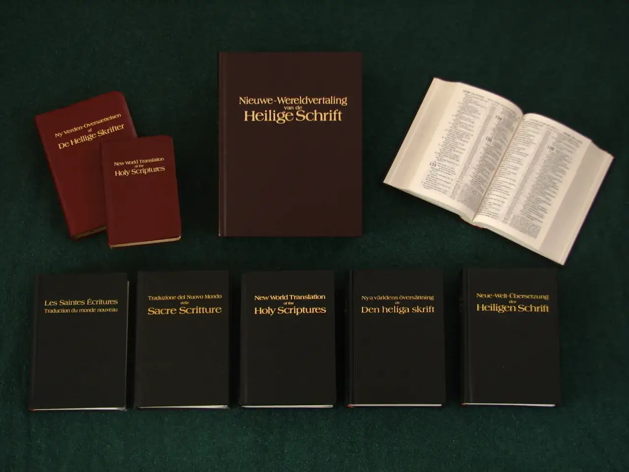 Różne wydania Biblii Nowego Świata w wielu językach, w tym holenderska