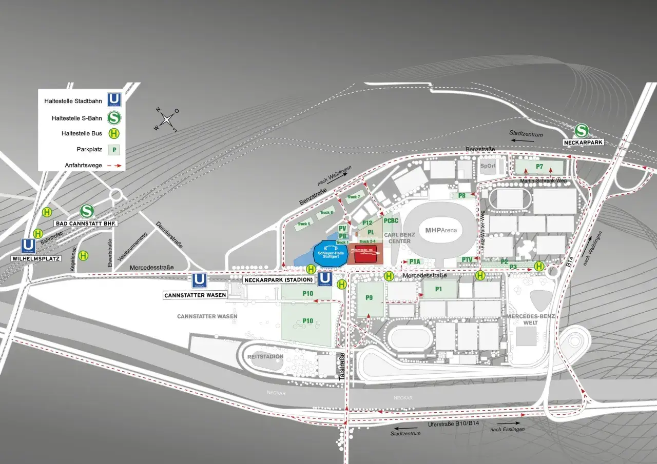 Plan f&uuml;r die Anreise zur Porsche Arena Stuttgart. Zeigt Parkpl&auml;tze, &Ouml;PNV-Haltestellen und Zufahrtswege.