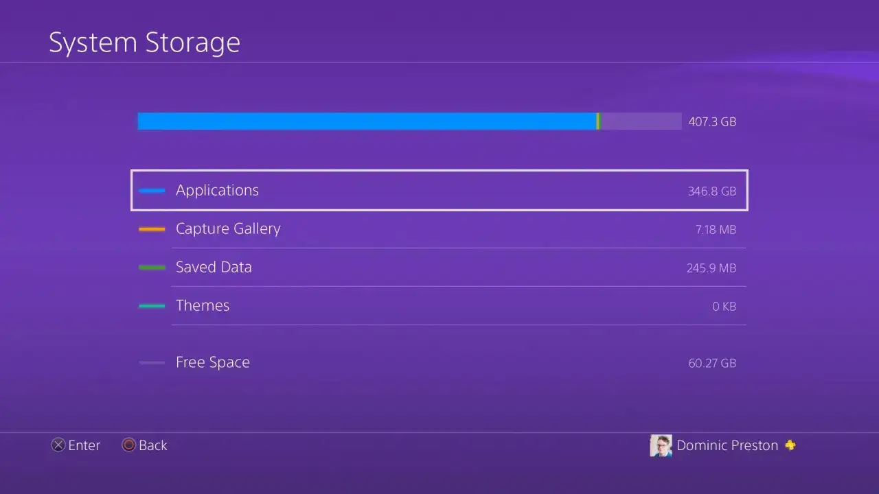 Menu System Storage na PS4 pokazuje, jak zwolnić miejsce: aplikacje zajmują najwięcej, ale jest też 60 GB wolnego miejsca.