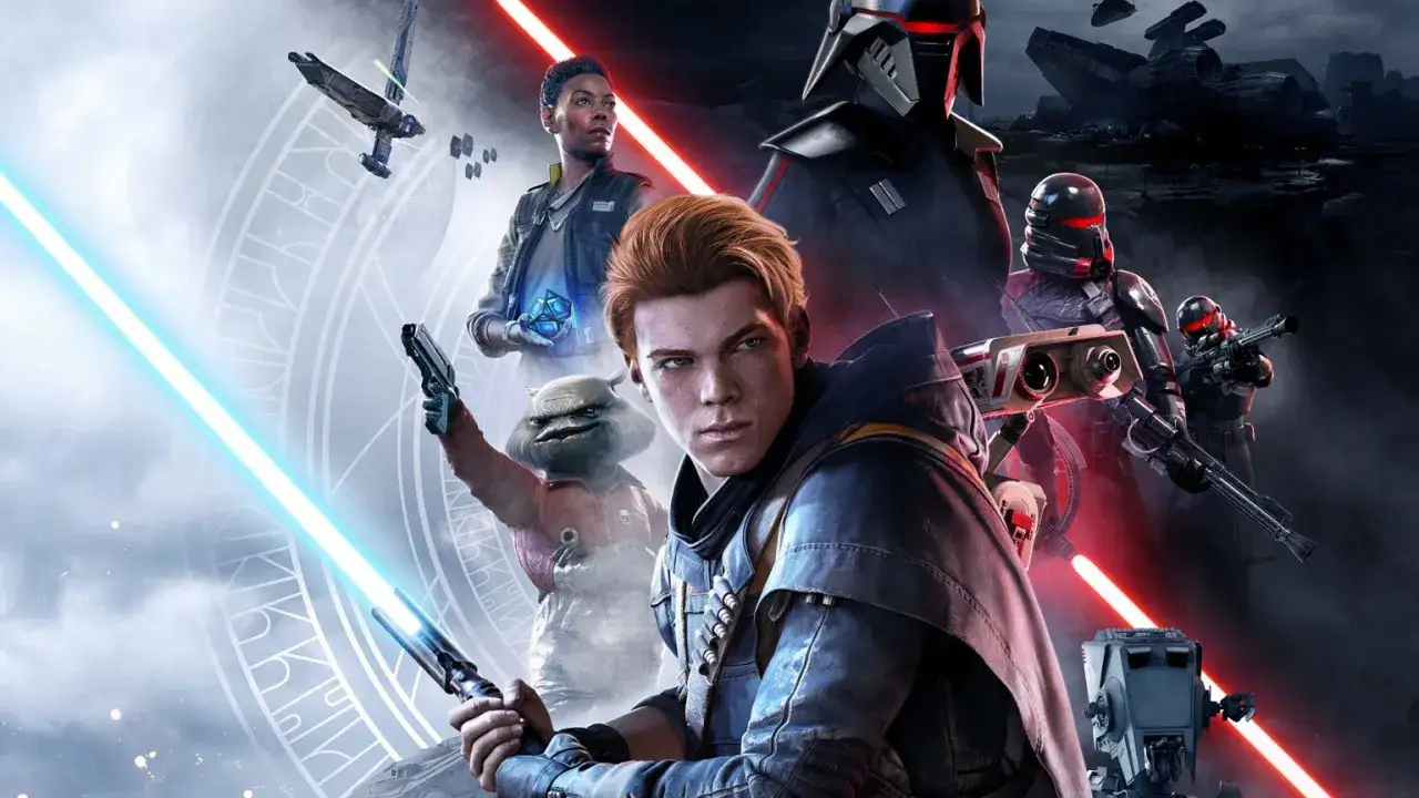Postacie z gry Star Wars: Cal Kestis z mieczem świetlnym, Cere Junda, Greez Dritus i żołnierze Imperium.