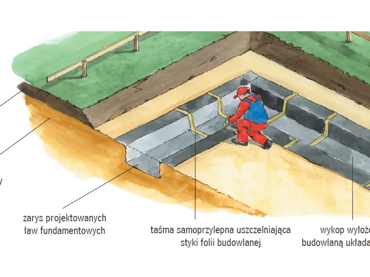 Pracownik uszczelnia wykop pod ławy fundamentowe taśmą samoprzylepną.