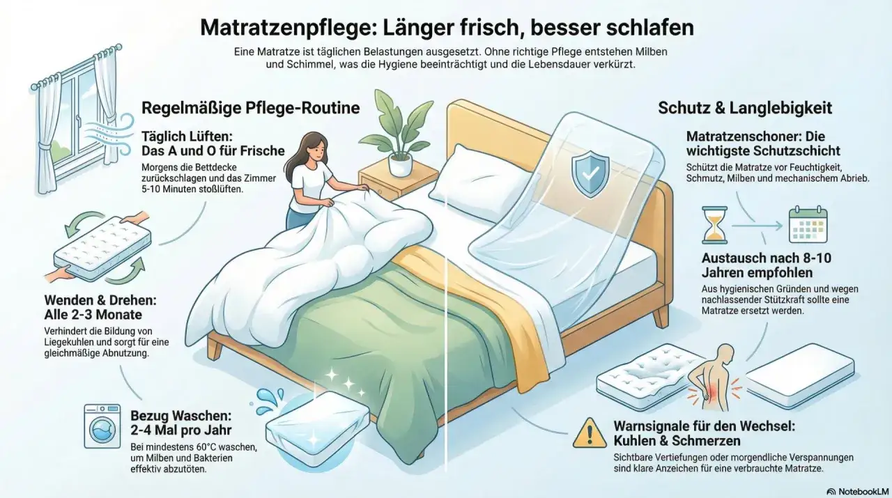 Illustration zeigt Matratzenpflege: Regelmäßiges Lüften, Wenden alle 2-3 Monate, Bezug waschen. Wann ist es Zeit, die Matratze zu wechseln? Nach 8-10 Jahren oder bei Kuhlen & Schmerzen.