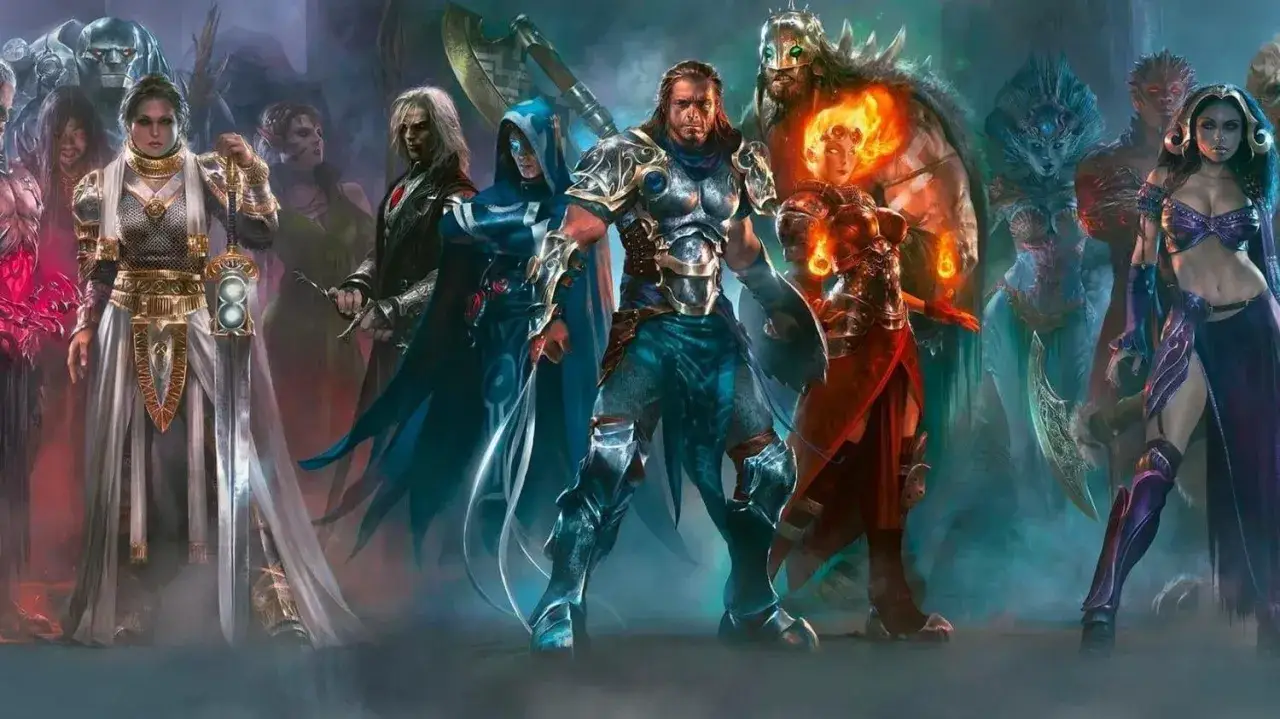 Un groupe de guerriers et de sorciers de la série Magic The Gathering, prêts au combat.