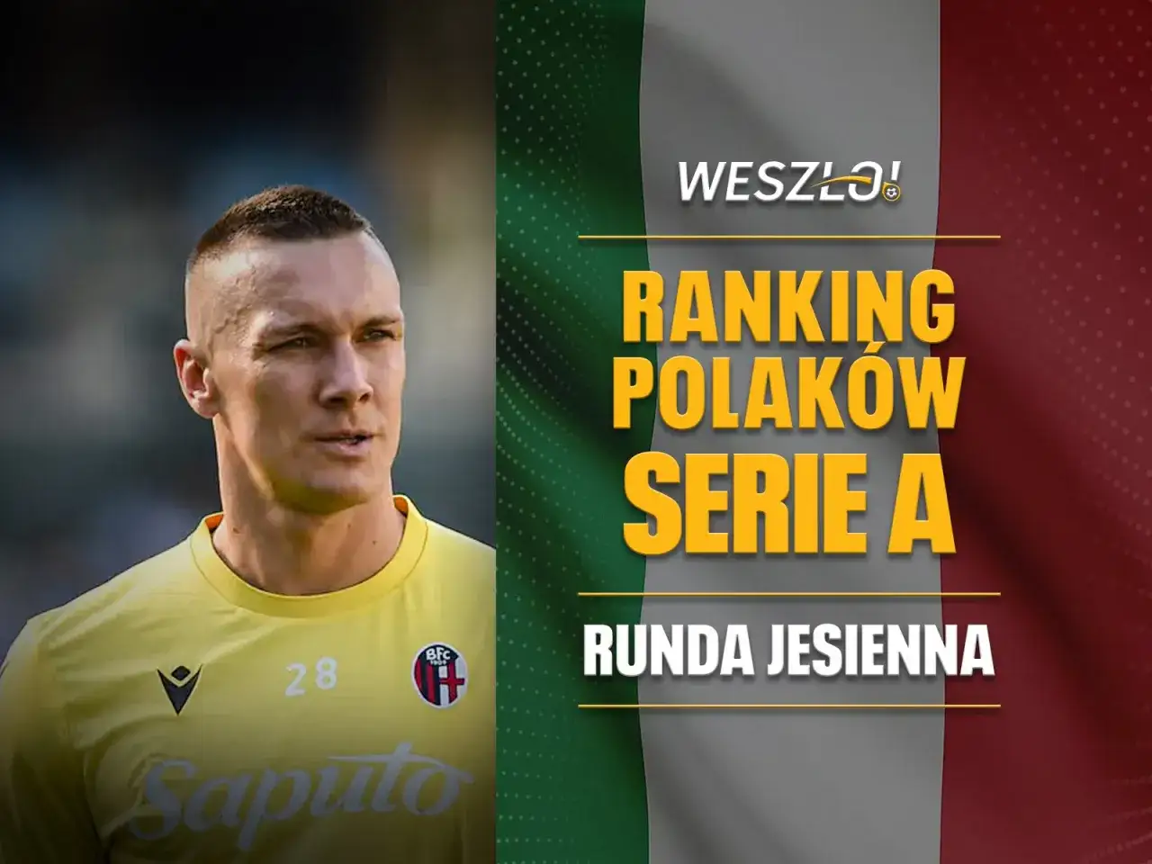 Ranking Polaków w Serie A. Bramkarz Łukasz Skorupski na tle flagi Włoch.