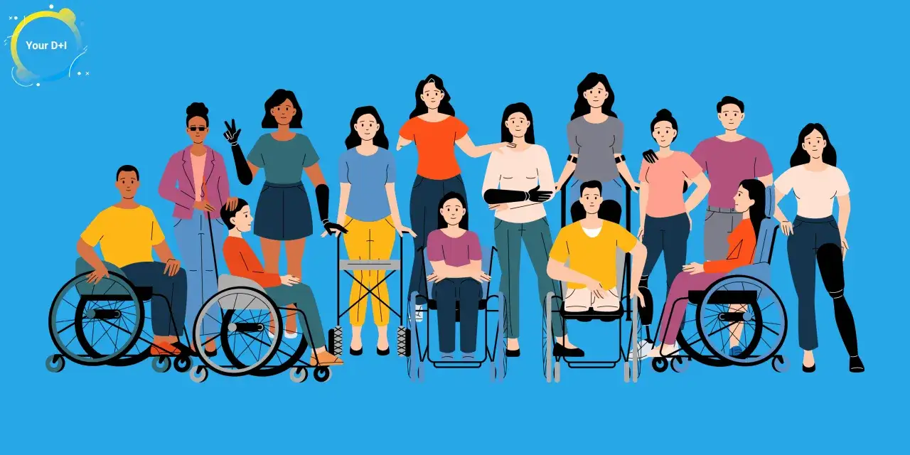 A diverse group of people, celebrating disability diversity, stand together. Some use wheelchairs, others have prosthetics, and one uses a cane.