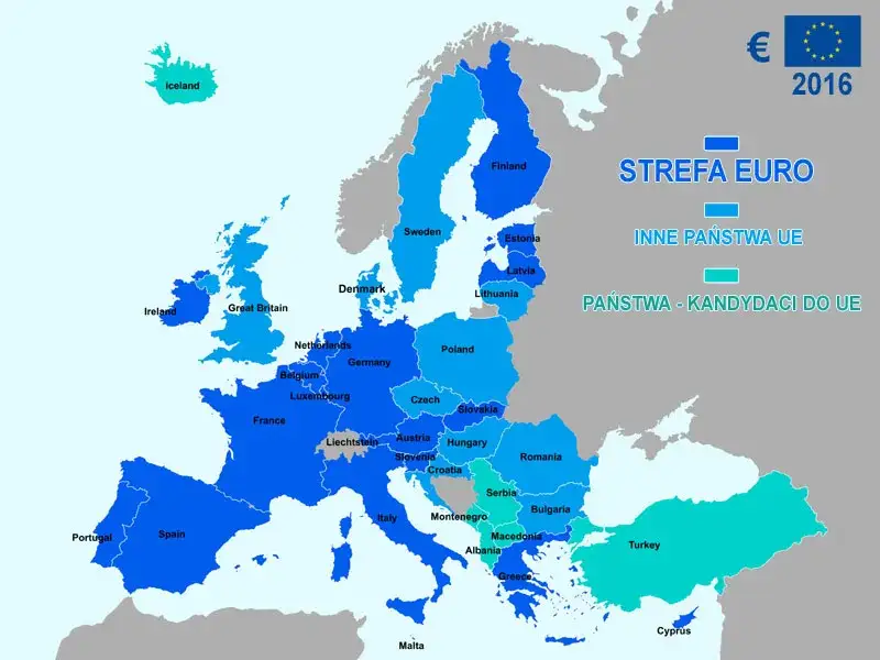 Mapa Unii Europejskiej z wyróżnionymi krajami VAT-UE