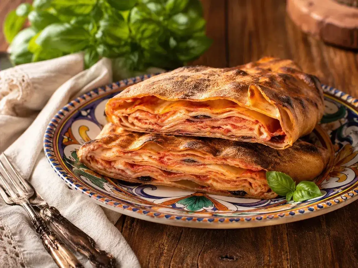 Scaccia ragusana, una delizia siciliana con strati di pasta, pomodoro e formaggio, pronta per essere gustata.