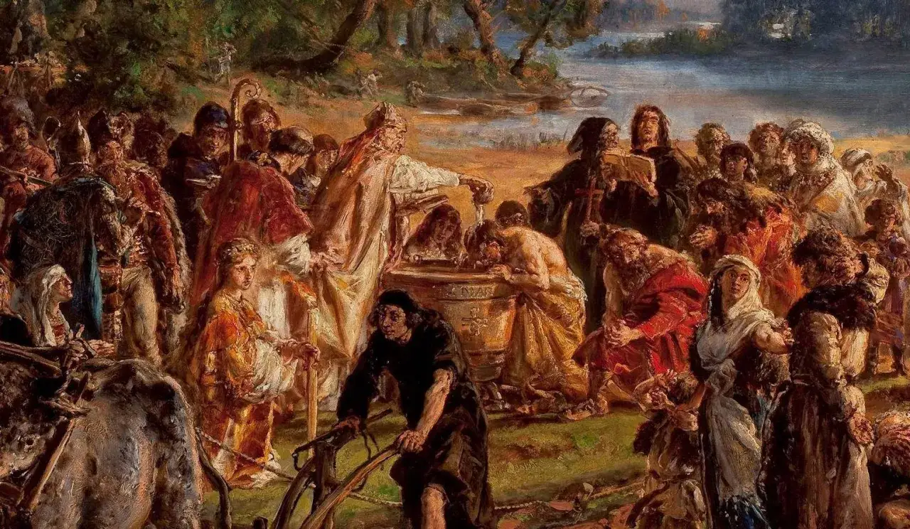 Chrzest Polski. Scena z tłumem ludzi i duchownych przy chrzcielnicy. Obraz przypomina o tym, ile lat ma Polska i jej chrześcijańskie korzenie.