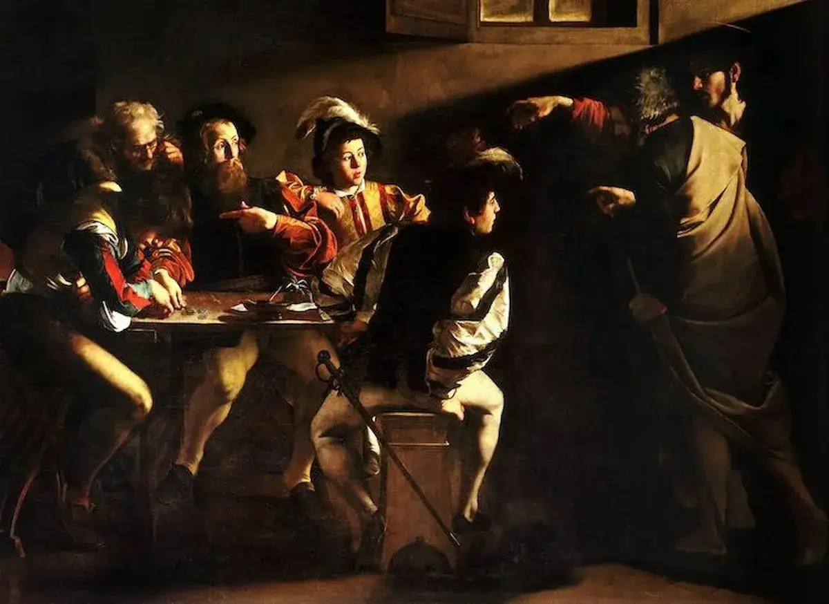 Pintura del barroco: hombres reunidos alrededor de una mesa, uno señala con el dedo, con dramático claroscuro.