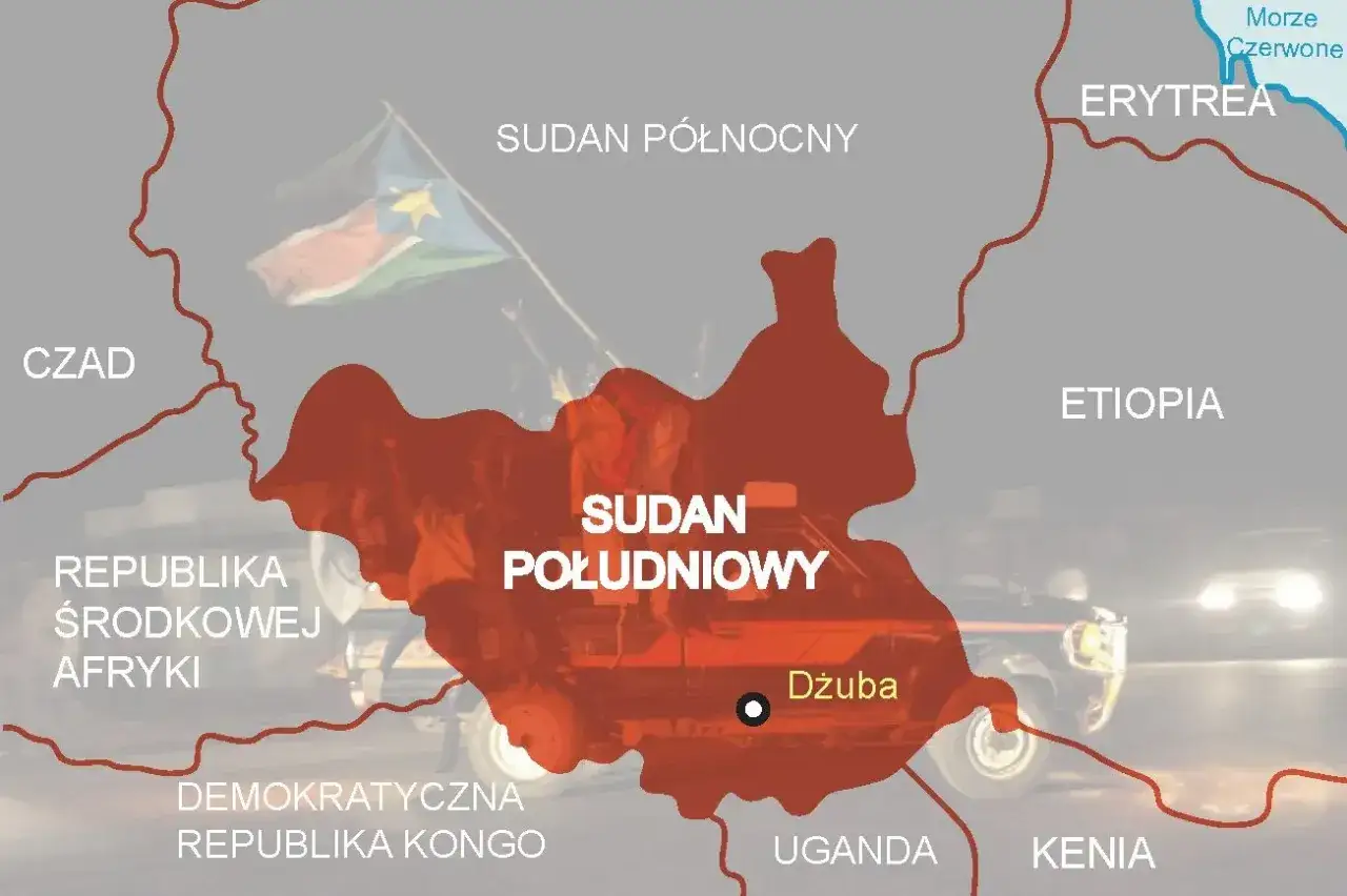 Mapa Afryki. Sudan Południowy, zaznaczony na czerwono, leży na południe od Sudanu Północnego, granicząc z Czadem, Republiką Środkowej Afryki, DRK, Ugandą i Kenią.