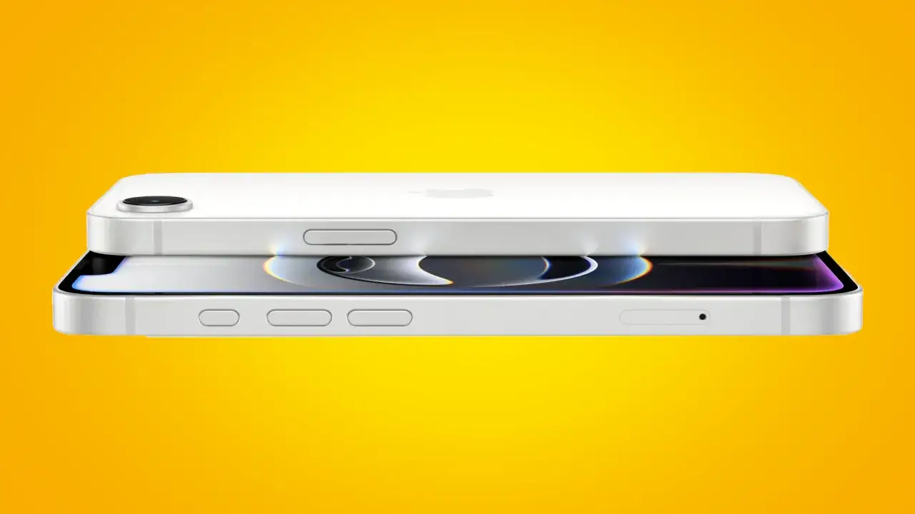 Tv&aring; vita iPhones, en ovanp&aring; den andra, med en gul bakgrund. Den &ouml;vre har en kameralins, den nedre visar en sk&auml;rm. Kanske en framtida iPhone SE 4?