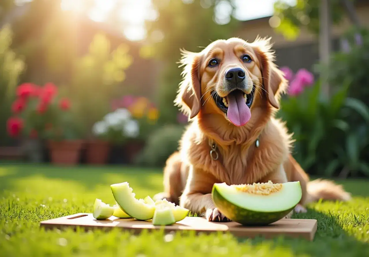 Un chien golden retriever, heureux et ensoleillé, profite d'un jardin avec des morceaux de melon.