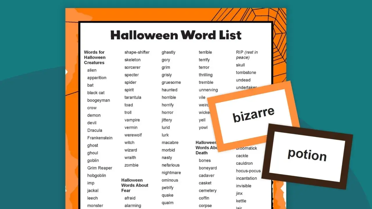 Lista di parole di Halloween in inglese per bambini, con termini come 