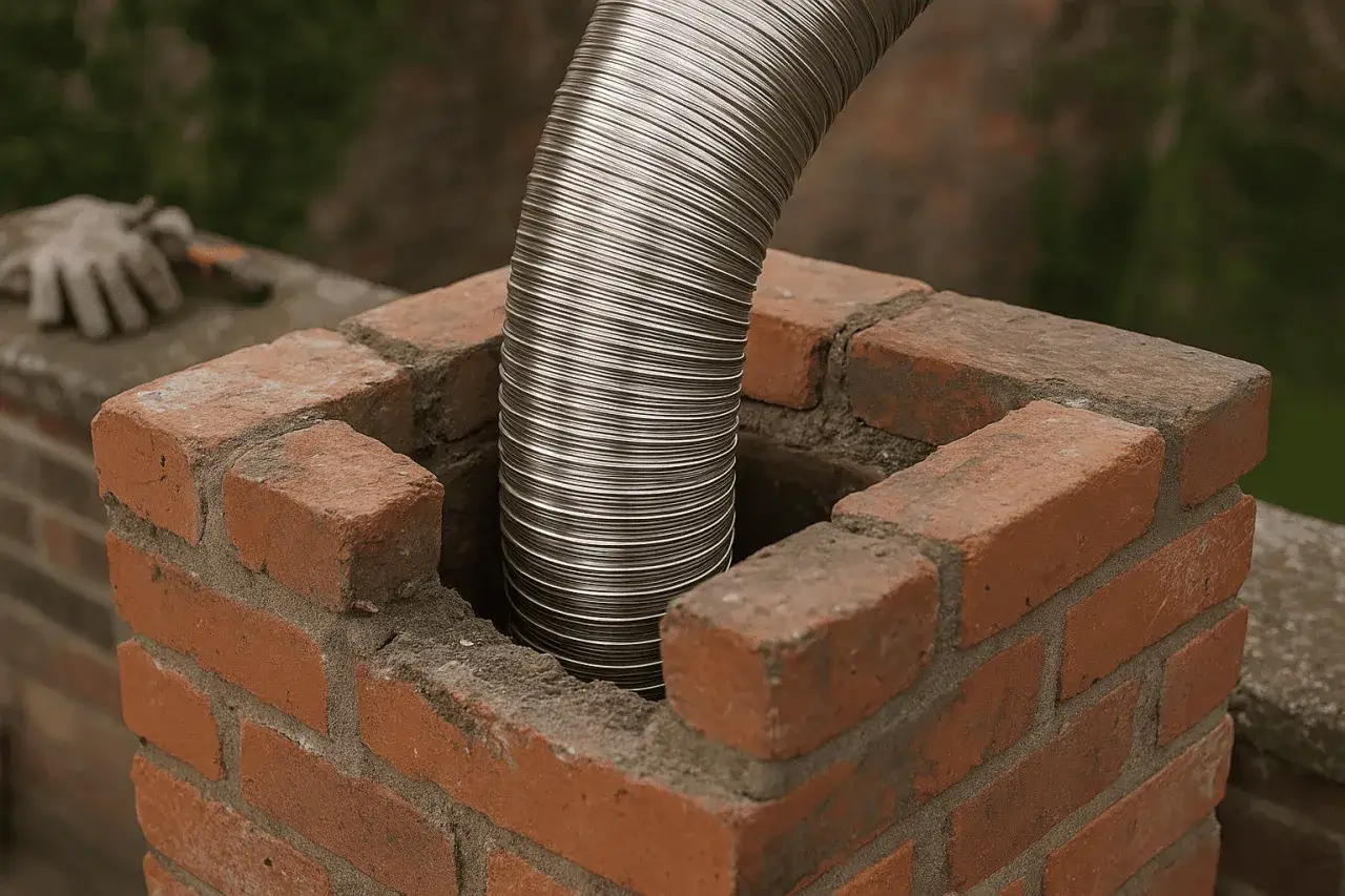 Elastyczny wkład kominowy z metalu wstawiany do ceglanego komina. Obok leżą rękawice robocze.