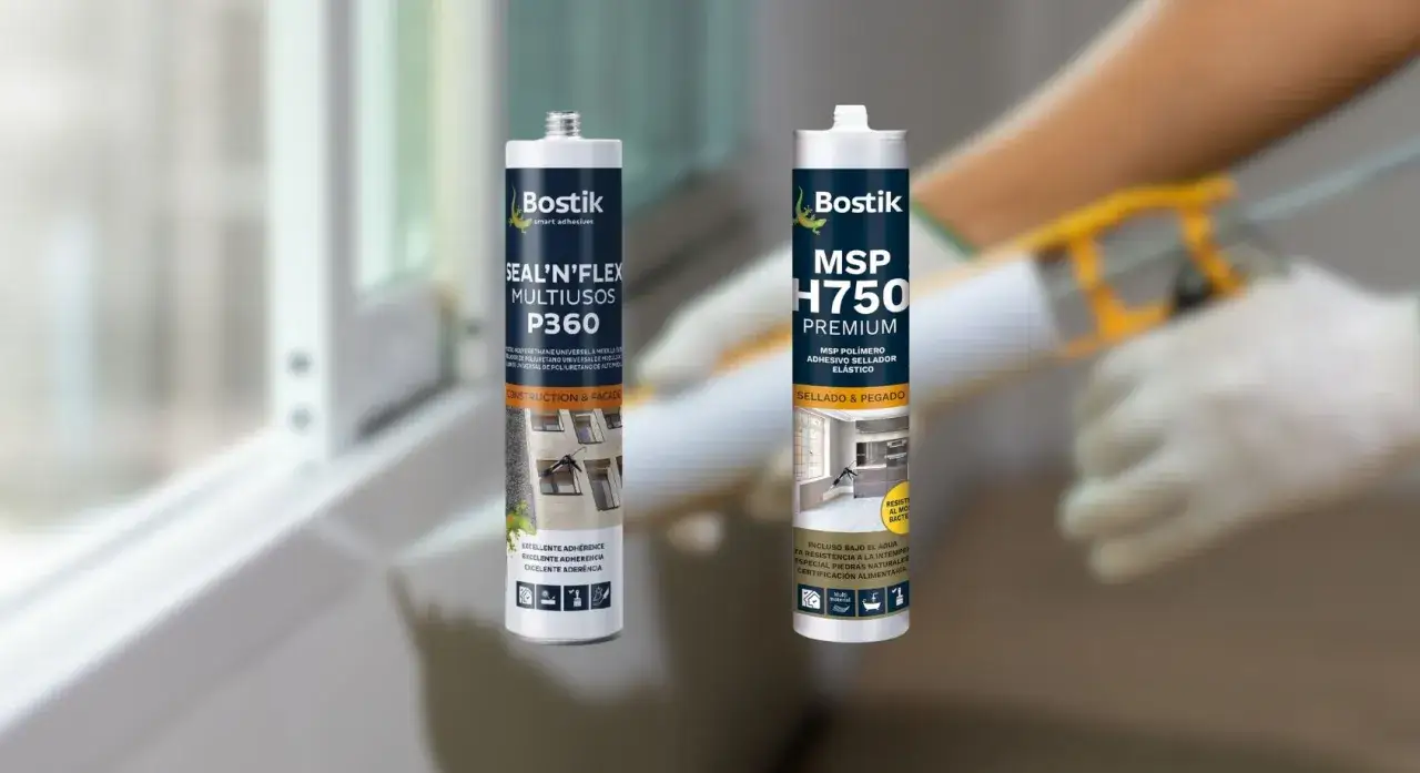 Dos tubos de adhesivo sellador el&aacute;stico Bostik, uno para construcci&oacute;n y fachadas, otro para sellado y pegado en interiores.