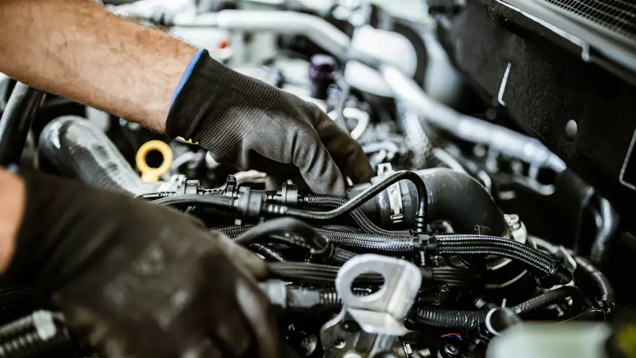 Mechanik w rękawiczkach dokonuje wymiany świec żarowych w silniku.