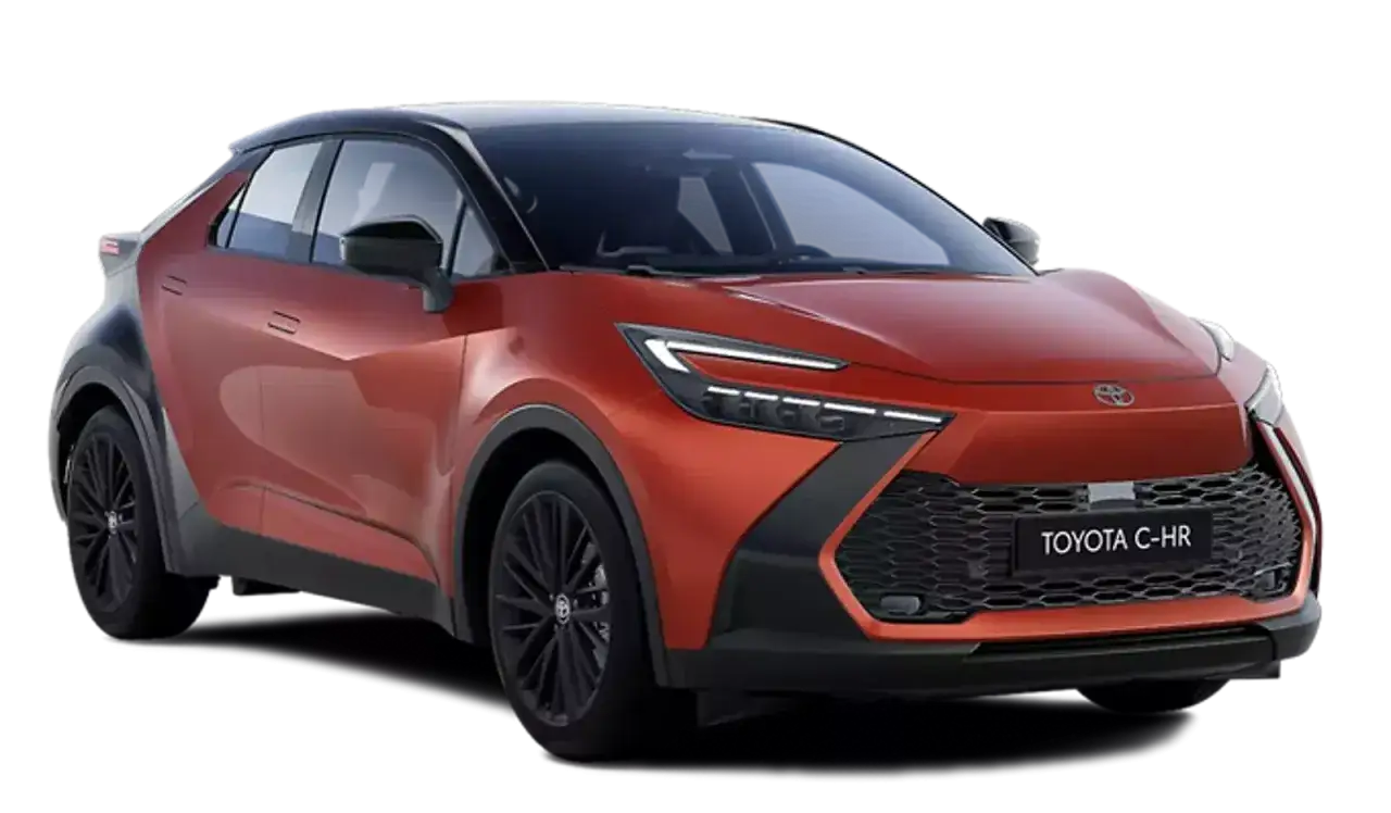 Nowy Toyota C-HR w kolorze pomarańczowym, idealny dla szukających nowych samochodów do 70 tys. zł. Stylowy crossover z czarnym dachem.