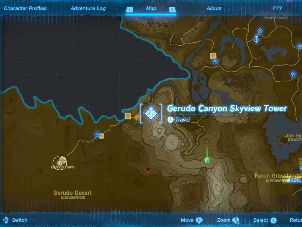 Mapa de Hyrule con la Torre del Cañón Gerudo. El templo del trueno está cerca.
