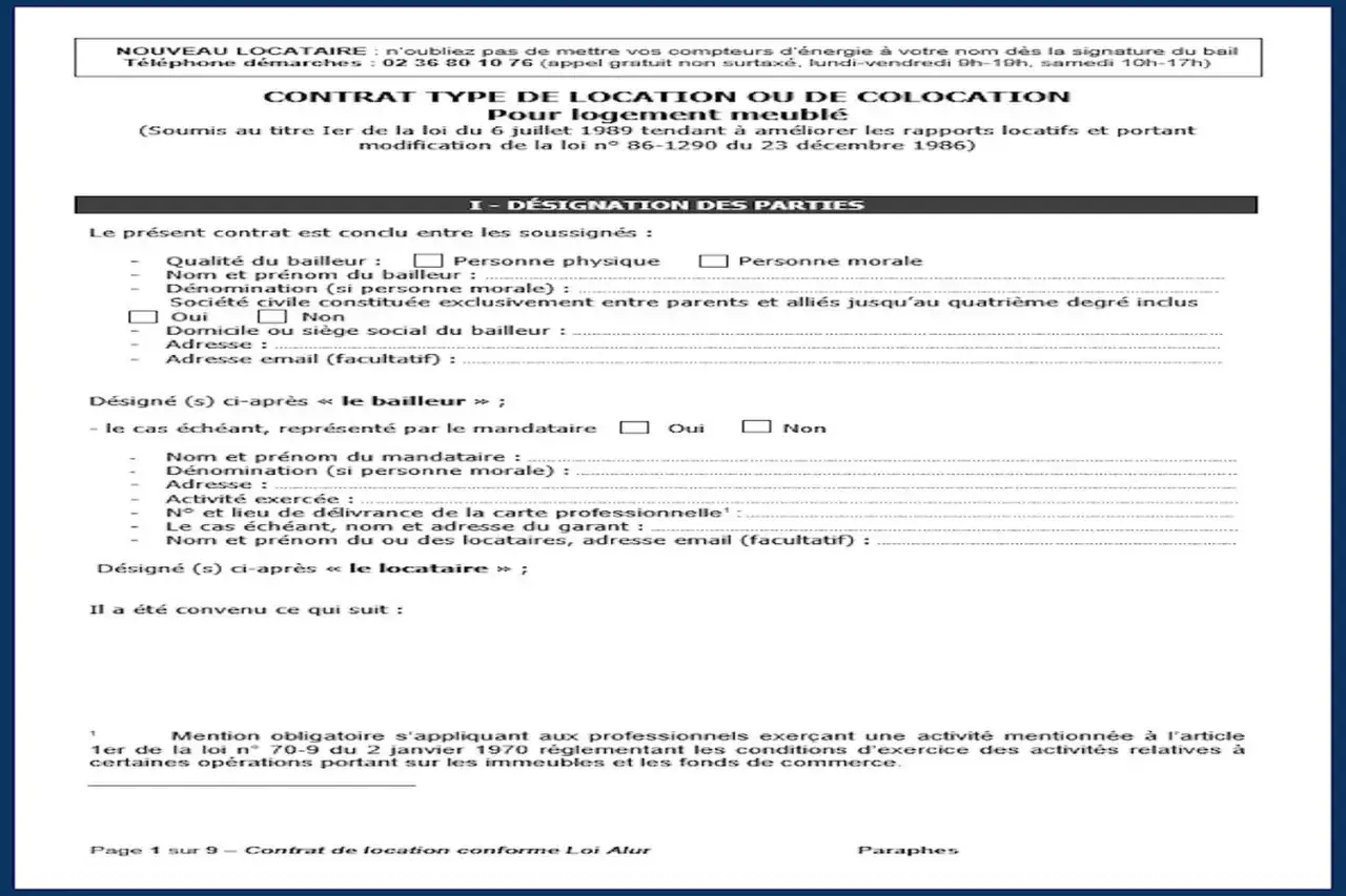 Contrat de bail pour logement meublé, section désignation des parties. Il détaille les informations du bailleur et du locataire.