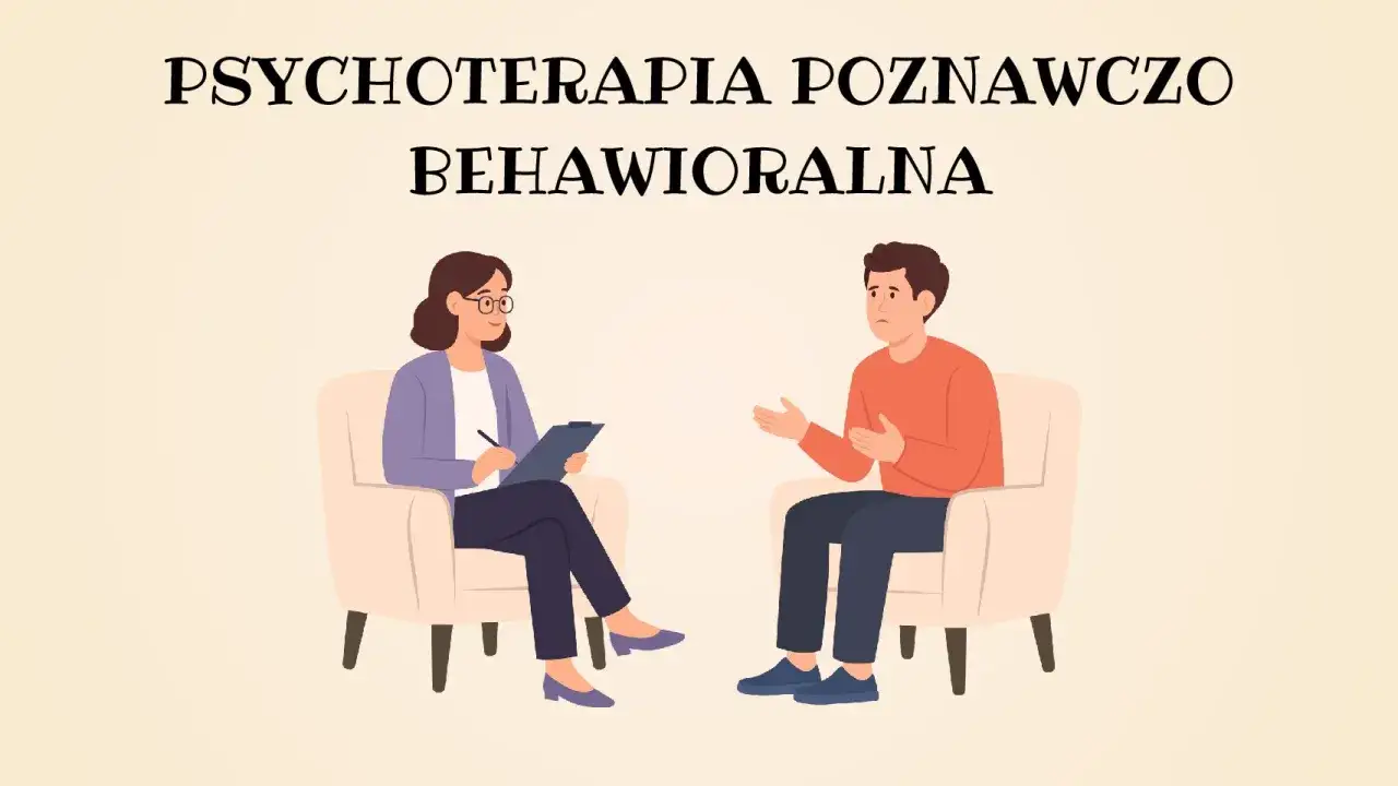 Psychoterapia poznawczo-behawioralna: terapeuta z notatkami słucha pacjenta siedzącego naprzeciwko.