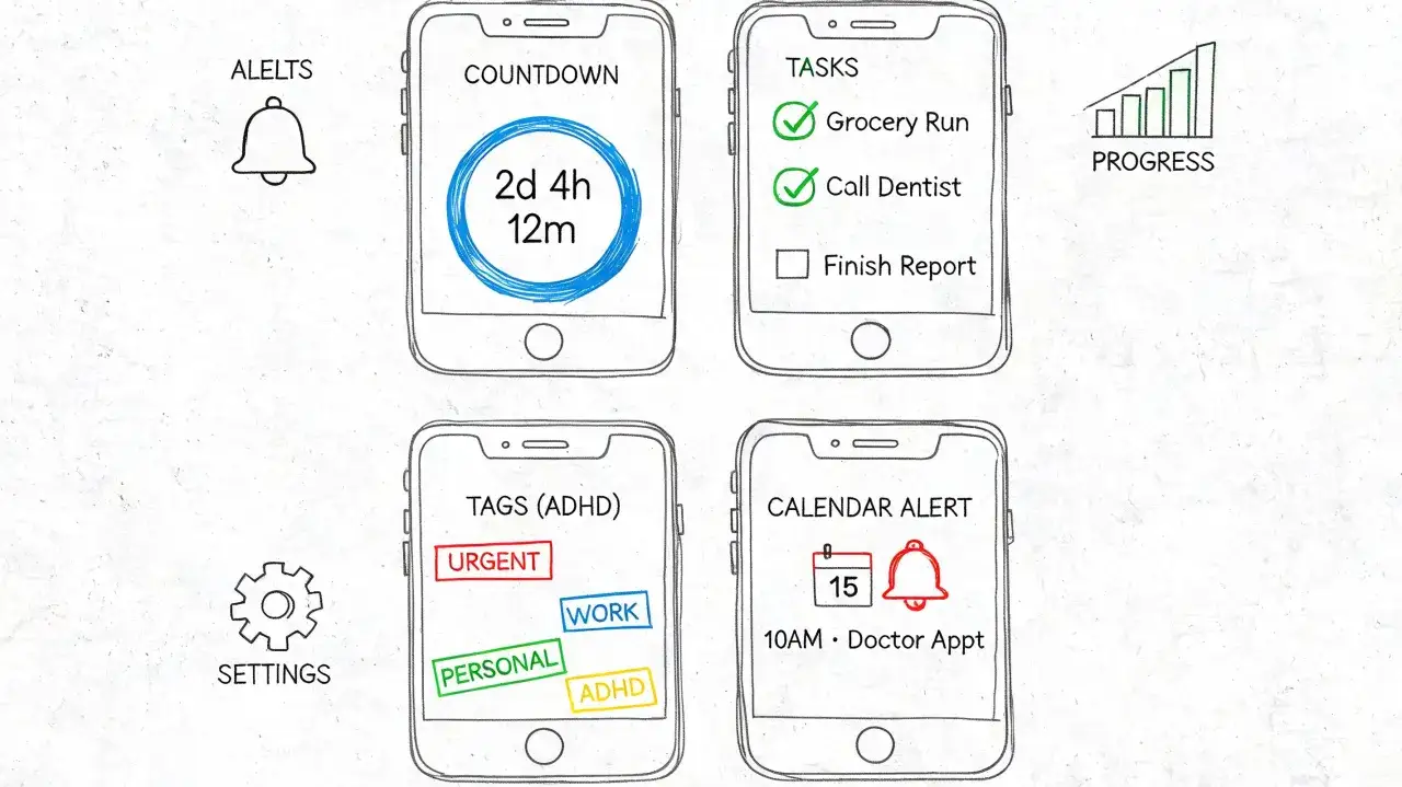 Une application pour l'organisation de la vie quotidienne : compte à rebours, tâches, tags (ADHD), et alertes calendrier.