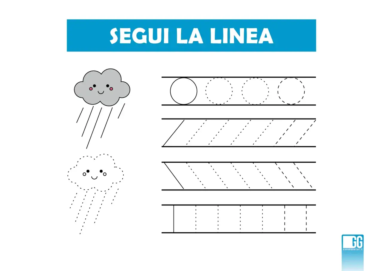 Esercizio di pregrafismo scuola infanzia: segui la linea per completare le forme e le piogge.