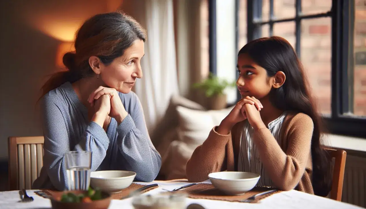 Een vrouw en een meisje kijken elkaar aan, handen gevouwen. De sfeer is gespannen, er is geen warme familieband.