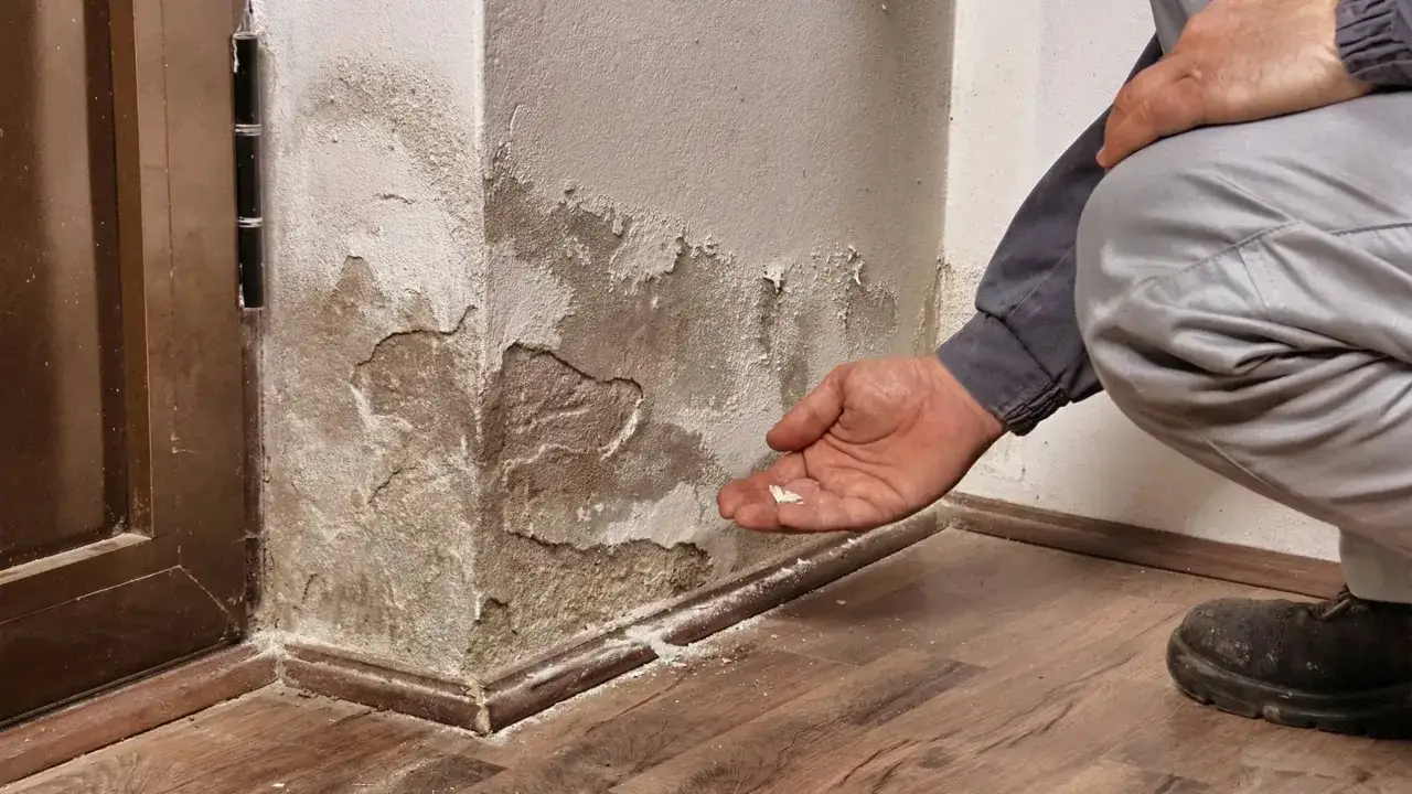 Un hombre examina una pared con pintura descascarada y manchas, indicativo de humedades por capilaridad.