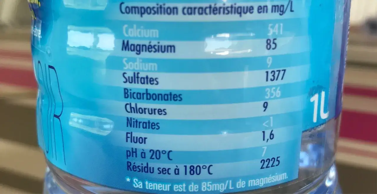 Étiquette d'une bouteille d'eau indiquant sa composition, notamment une teneur élevée en calcium et magnésium.