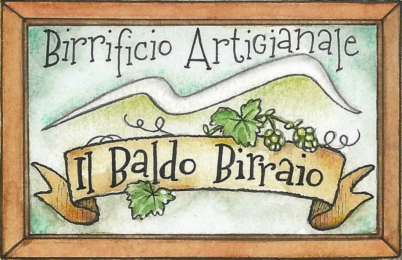Il baldo birraio, un'insegna artigianale con luppolo e un'onda stilizzata.