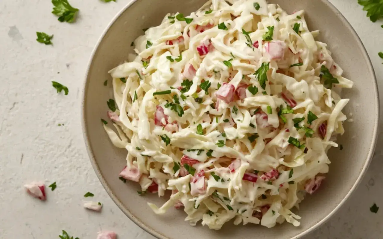 Ein cremiger Krautsalat mit roten Zwiebeln und Petersilie, der aussieht wie der weltbester Krautsalat.